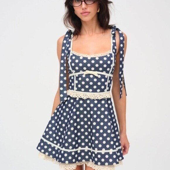 $229 Blue NWOT For Love And Lemons “Dolly” Dot Mini Dress Sz Small - Picture 1 of 16